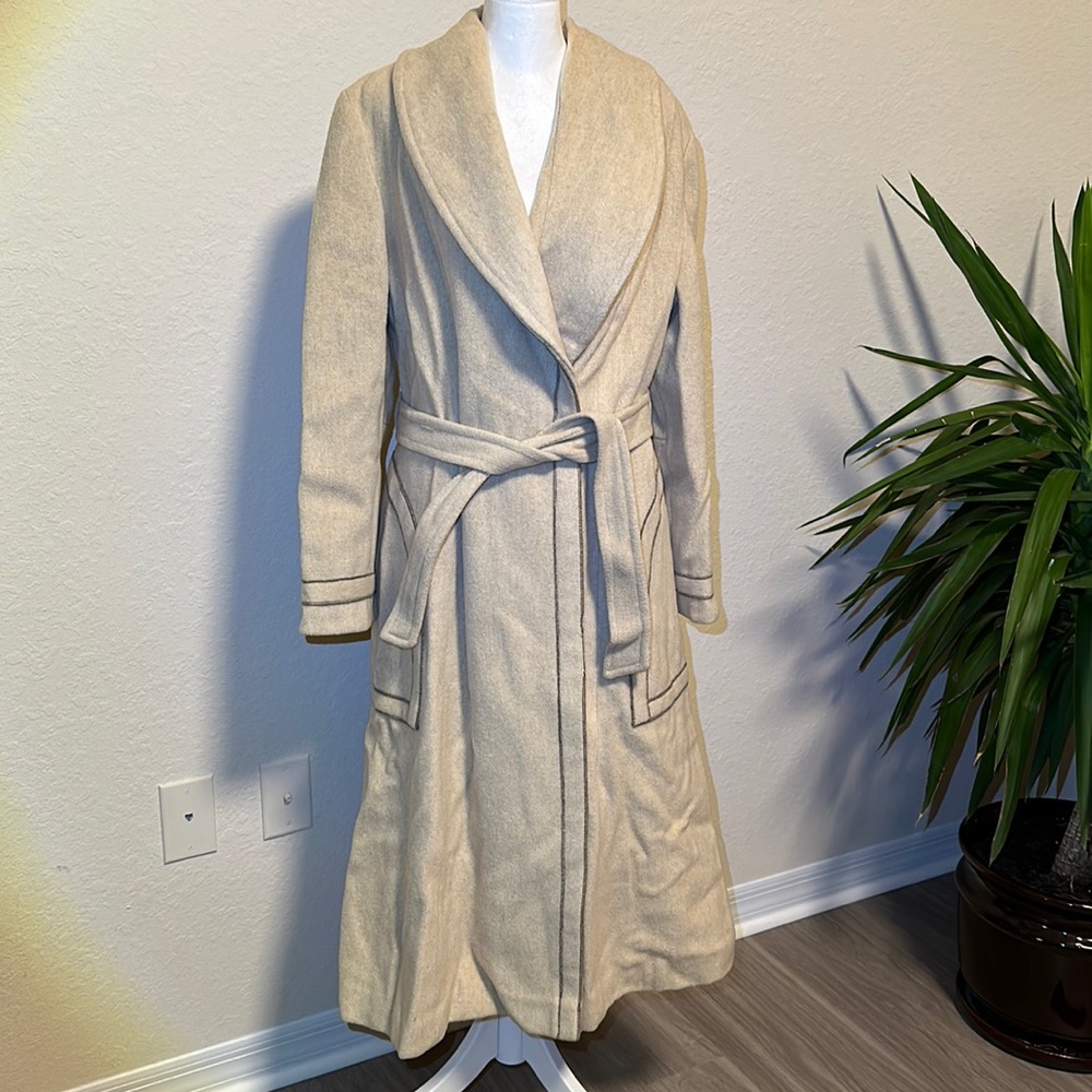 JW Mays inc cream belted long wool winter coat Medium double breasted vintage